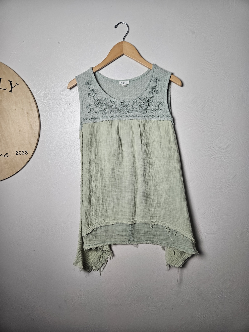 POL Light Sage Embroidered Sleeveless Tank